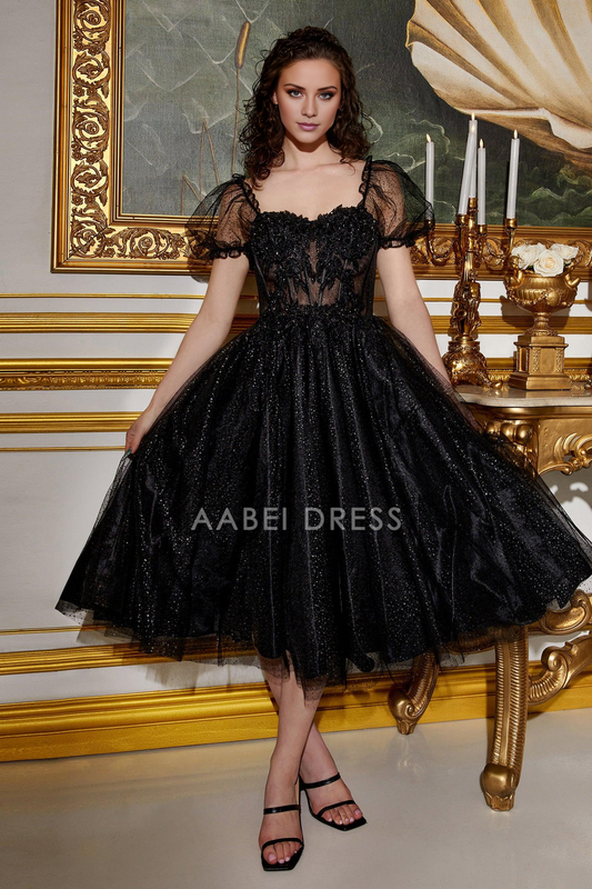 AABEI DRESS Hot Sale Prom Dress Sparkle A Line Sweetheart Neckline Short Sleeve Lace Applique Tea-Length Cocktail Dress