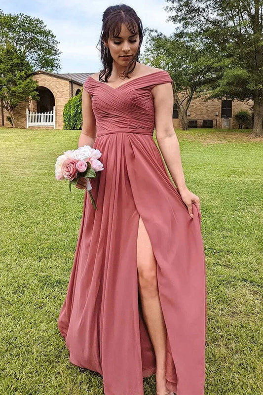 Bridesmaid Dress Chiffon Off-the-Shoulder Long with Slit