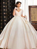 Engagement Formal Wedding Dresses Court Train Ball Gown Short Sleeve V Neck Satin With Ruched Solid Color