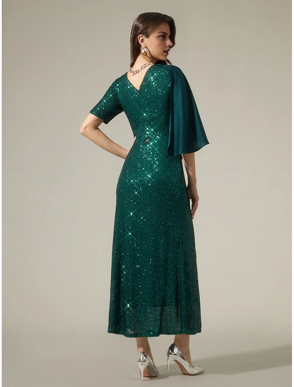 Fall November December Wedding Guest Dress Satin Sequin Sparkly Mismatched Short Sleeve Sparkly Maxi Dress to impress Christmas Dress Mother of the Groom / Bride Dresses