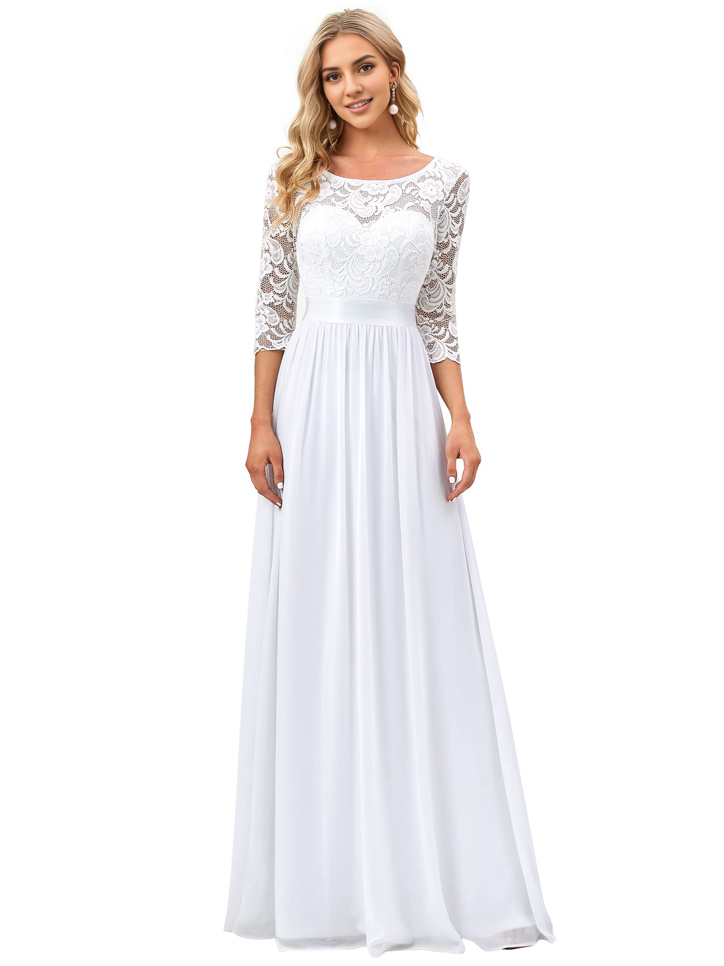 Wedding Dress A-line Round Neck Lace 3/4 Sleeve Chiffon Elegant Simple Formal Women's Dresses