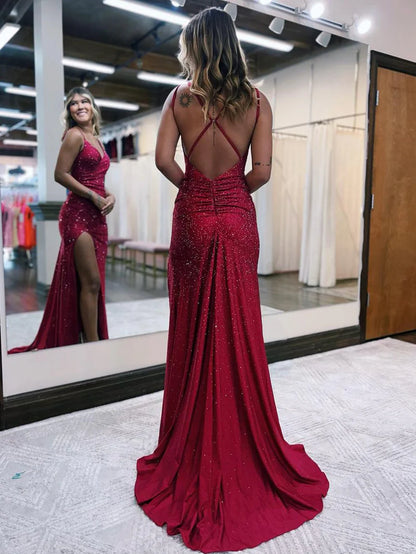 Prom Dress Mermaid V Neck Glitter Jersey Long with Slit