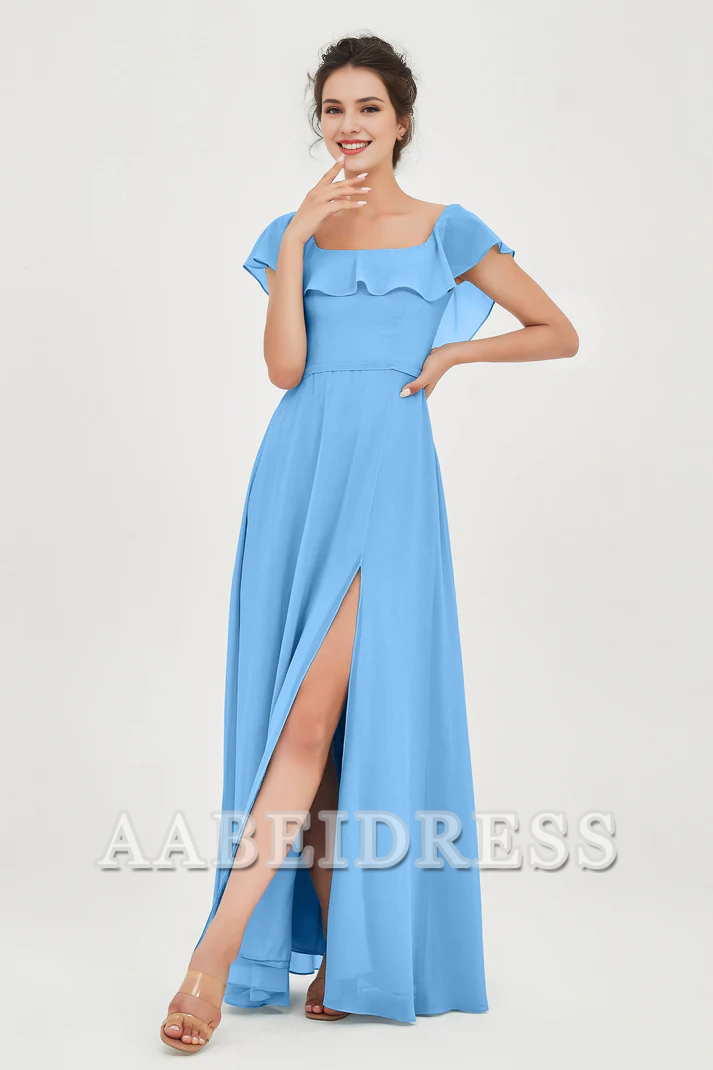 AABEI DRESS Bridesmaid Dresses Chiffon A-Line Square Neckline Flutter Sleeves Ruffle Side Fork Elegant Simple Wedding Guests Dresse