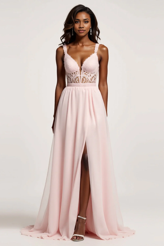 AABEI DRESS Hot Sale Prom Dress Elegant Lace Corset A Line Chiffon Ruched Simple Long With Slit Formal Dress