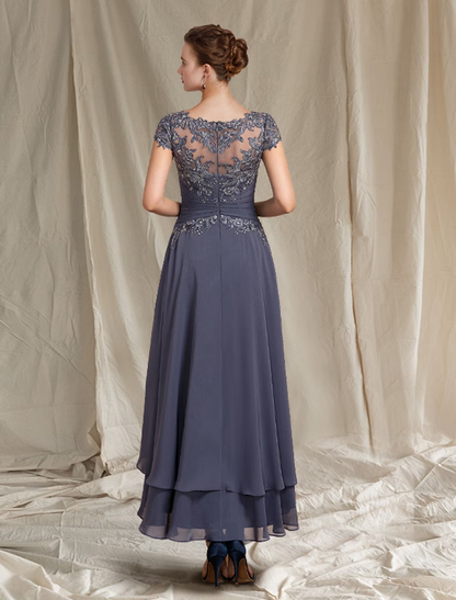 Two Piece A-Line Mother of the Bride Dress Formal Wedding Guest Elegant Scoop Neck Asymmetrical Tea Length Chiffon Lace Short Sleeve Wrap Included with Beading Appliques