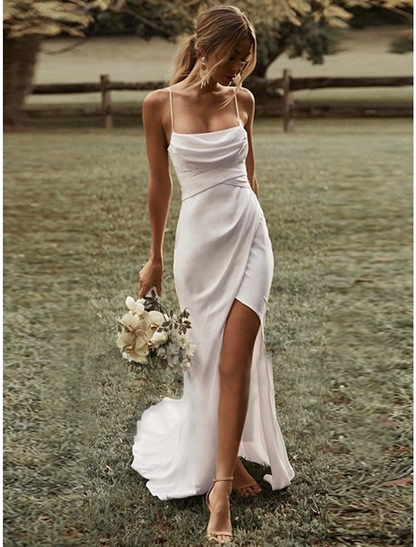 Beach Sexy Casual Wedding Dresses Sweep / Brush Train Sheath / Column Sleeveless Square Spaghetti Strap Stretch Fabric With Ruched Split Front