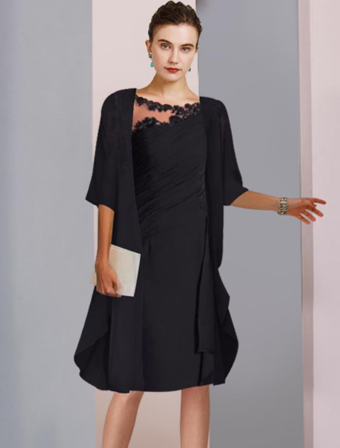 Two Piece A-Line Mother of the Bride Dress Wedding Guest Elegant Scoop Neck Knee Length Chiffon Lace Half Sleeve Wrap Included Jacket Dresses with Ruched Appliques