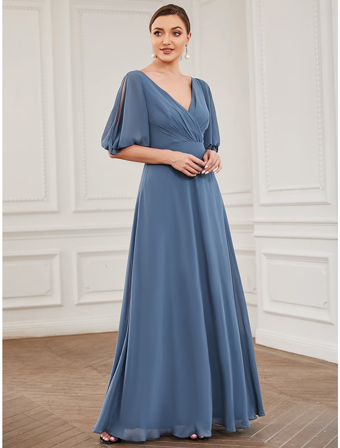 A-Line Evening Gown Minimalist Dress Wedding Guest Floor Length Half Sleeve V Neck Chiffon with Pleats Mother of the Bride Dresses