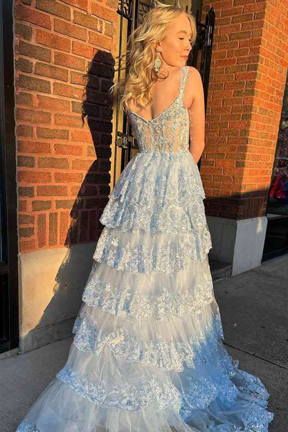 A Line Prom Dress  Lace Sweetheart Tiered Long with Slit