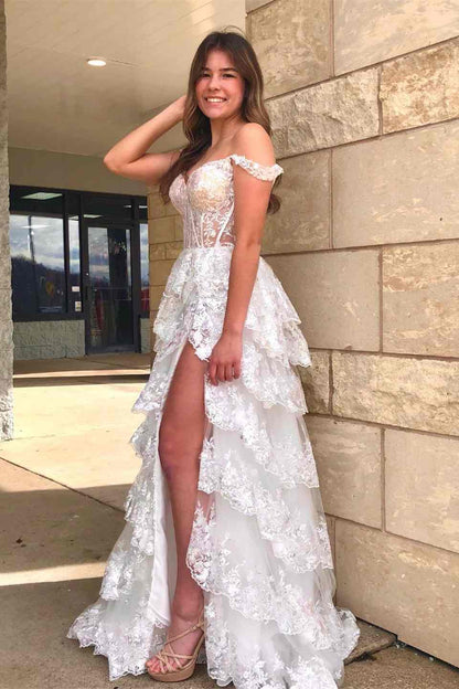 Prom Dress A Line  Lace Sweetheart Tiered Long  with Slit