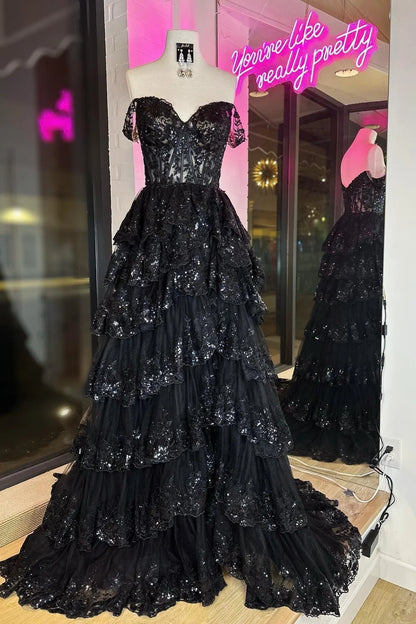 A Line Prom Dress  Lace Sweetheart Tiered Long with Slit