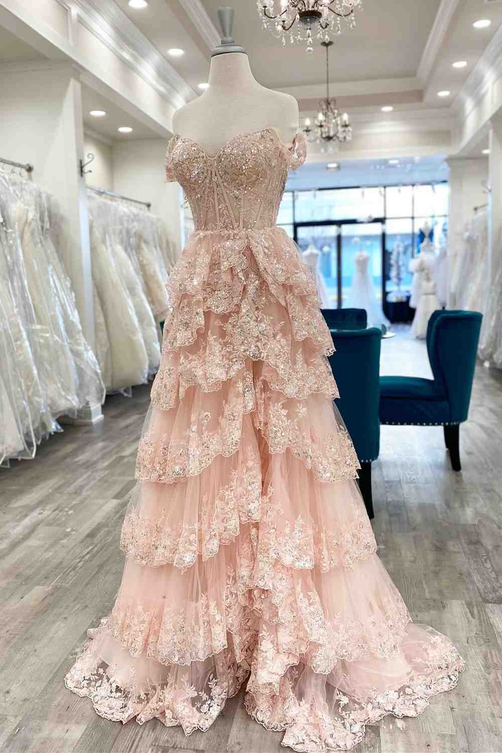 Prom Dress A Line  Lace Sweetheart Tiered Long  with Slit