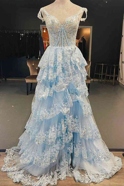 A Line Prom Dress  Lace Sweetheart Tiered Long with Slit