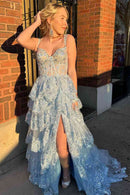 Prom Dress A Line  Lace Sweetheart Tiered Long  with Slit