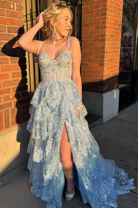 A Line Prom Dress  Lace Sweetheart Tiered Long with Slit