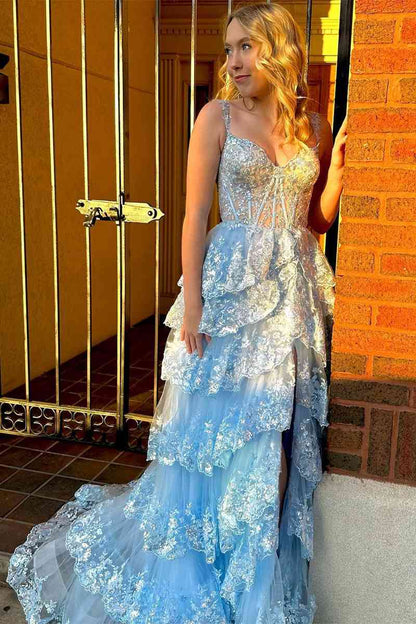 Prom Dress A Line  Lace Sweetheart Tiered Long  with Slit