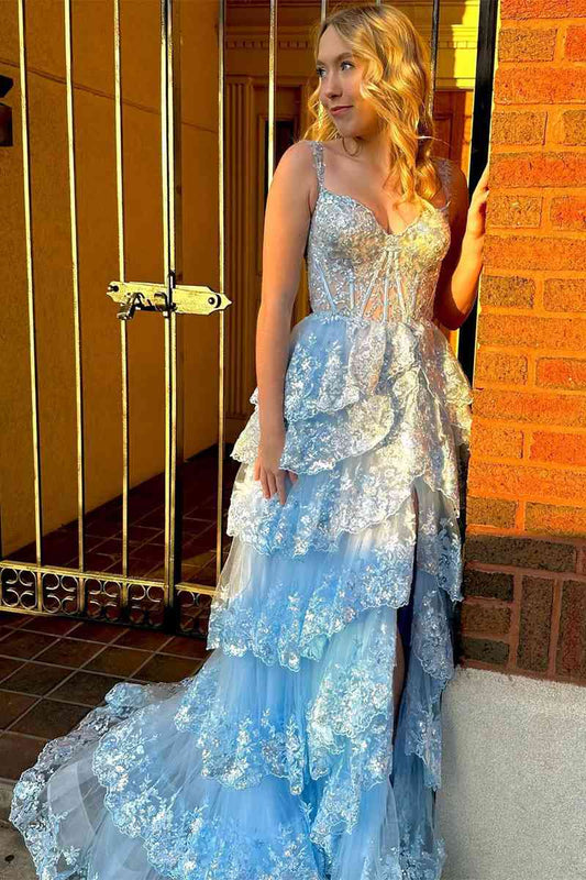 A Line Prom Dress  Lace Sweetheart Tiered Long with Slit