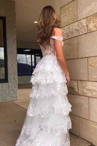 Prom Dress A Line  Lace Sweetheart Tiered Long  with Slit