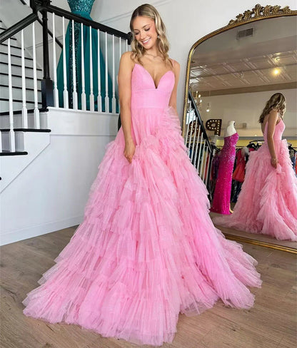 Prom Dress A-Line Spaghetti Straps Tulle Tiered