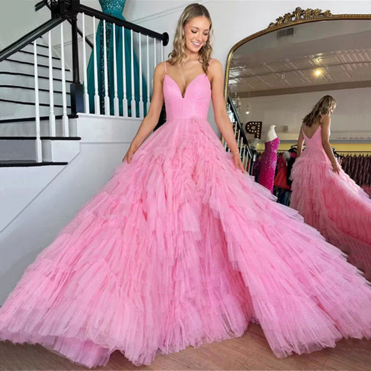 Prom Dress A-Line Spaghetti Straps Tulle Tiered