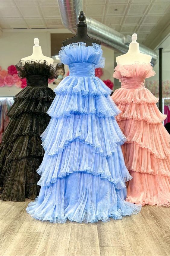 Prom Dress A Line Strapless Princess Tulle Layers Ruffles Long