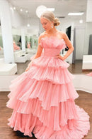 Prom Dress A Line Strapless Princess Tulle Layers Ruffles Long