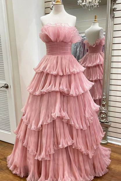 Prom Dress A Line Strapless Princess Tulle Layers Ruffles Long