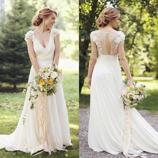 Wedding Dresses A-Line V-Neck Chiffon with Lace Appliqued Cap Sleeves Chapel