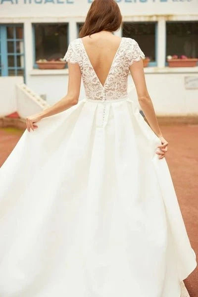 A Line V Neck Vintage High Low Capped Sleeves Lace Wedding Dresses