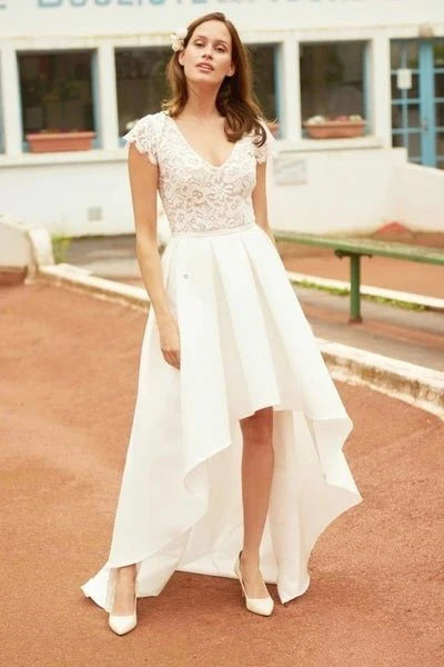 A Line V Neck Vintage High Low Capped Sleeves Lace Wedding Dresses