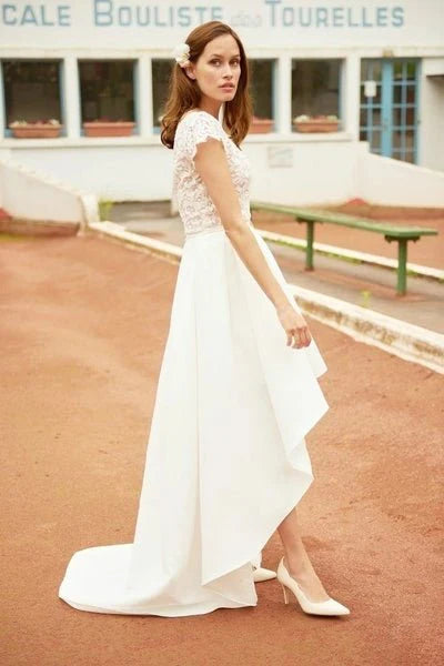 A Line V Neck Vintage High Low Capped Sleeves Lace Wedding Dresses