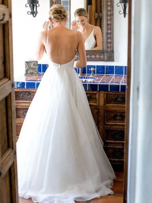 A Line V Neck Tulle With Ruffles Sweep Train Wedding Dresses