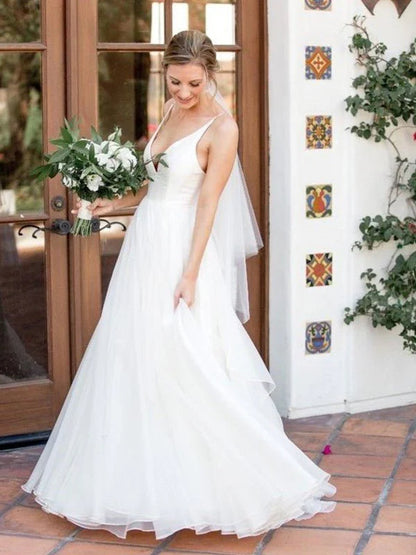 A Line V Neck Tulle With Ruffles Sweep Train Wedding Dresses