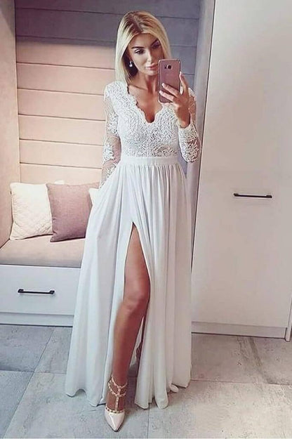 Prom Dresses A line Long Sleeve V Neck  Slit Long Evening Dresses