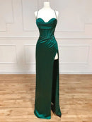 Fashion Sweetheart Neck Satin Long Split Fork Prom Dress Green Elegant Spaghetti Strap Backless Party dress