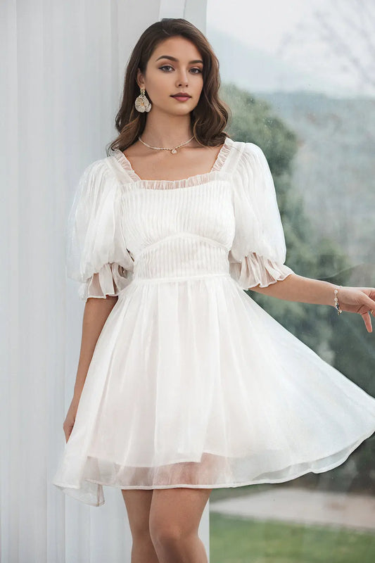 AABEI DRESS New Homecoming Dress Elegant A Line Square Neck Short Sleeve Tulle Pleated Backless Lace-up Short Graduation Dress
