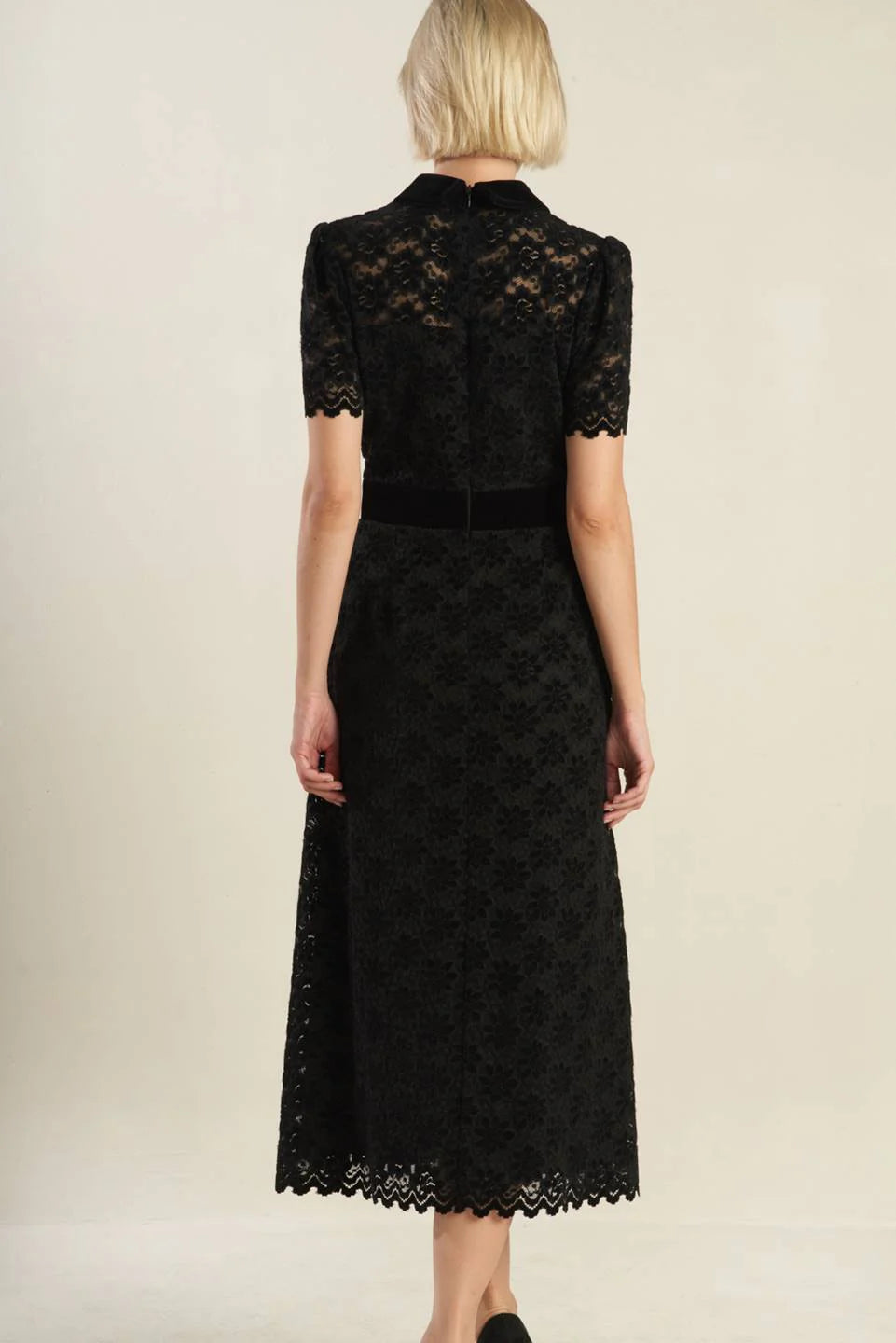 Evening Dress Lace Dress Featuring Shirt Collar Bodice Button Down Short Sleeve Back Zipper Closure Black Formal Dress