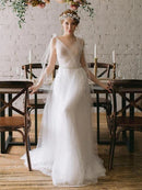 Beach V Neck A Line Tulle With Pearls Court Wedding Dresses