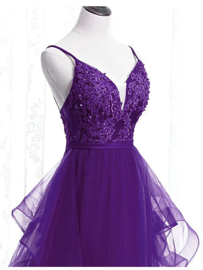 Beautiful Purple Tulle Layers with Lace Long Evening Dresses, Purple Prom Dress Party Dresses