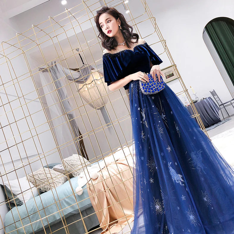 Blue Tulle Long Beaded Party Dress, Blue Velvet Top Prom Dress Evening Gown