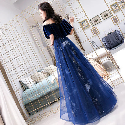 Blue Tulle Long Beaded Party Dress, Blue Velvet Top Prom Dress Evening Gown