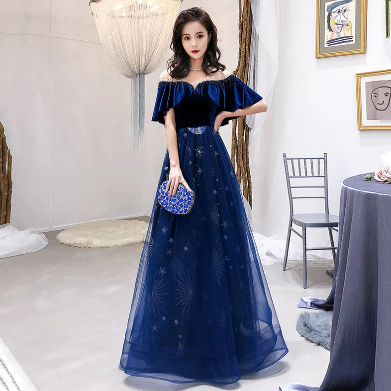 Blue Tulle Long Beaded Party Dress, Blue Velvet Top Prom Dress Evening Gown