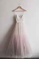 Prom Dresses Spaghetti Straps A-line Floor-length Long V Neck Tulle