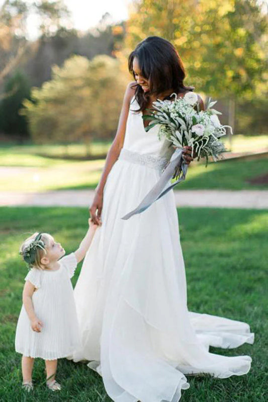 Chiffon Straps A Line With Beads Wedding Dresses