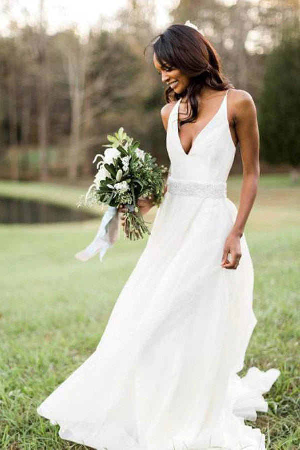 Chiffon Straps A Line With Beads Wedding Dresses