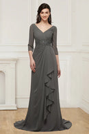 Mother Of The Bride Dresses Chiffon V Neck Beaded Bodice Long Sleeves