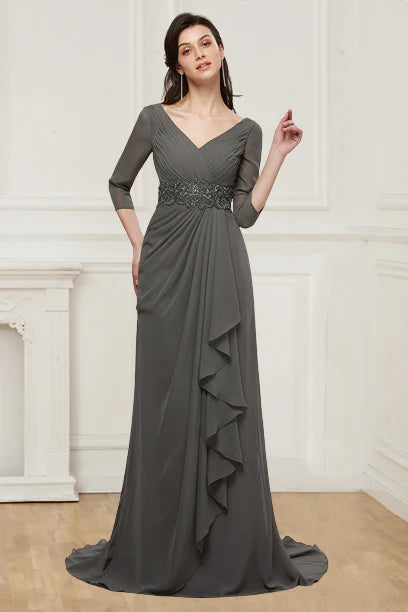 Mother Of The Bride Dresses Chiffon V Neck Beaded Bodice Long Sleeves