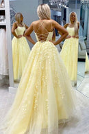 Prom Dresses Daffodil Spaghetti Straps A-Line Tulle Long  With Appliques