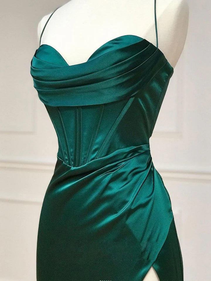 Fashion Sweetheart Neck Satin Long Split Fork Prom Dress Green Elegant Spaghetti Strap Backless Party dress