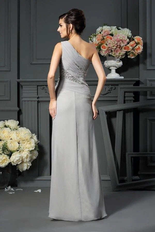 Mother of the Bride Dresses Elegant A-Line Grey One Shoulder Sleeveless Beads Slit Chiffon